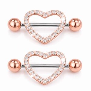 Rose Gold Rhinestone Heart Nipple Rings | Sparkly Barbell Piercing Jewelry